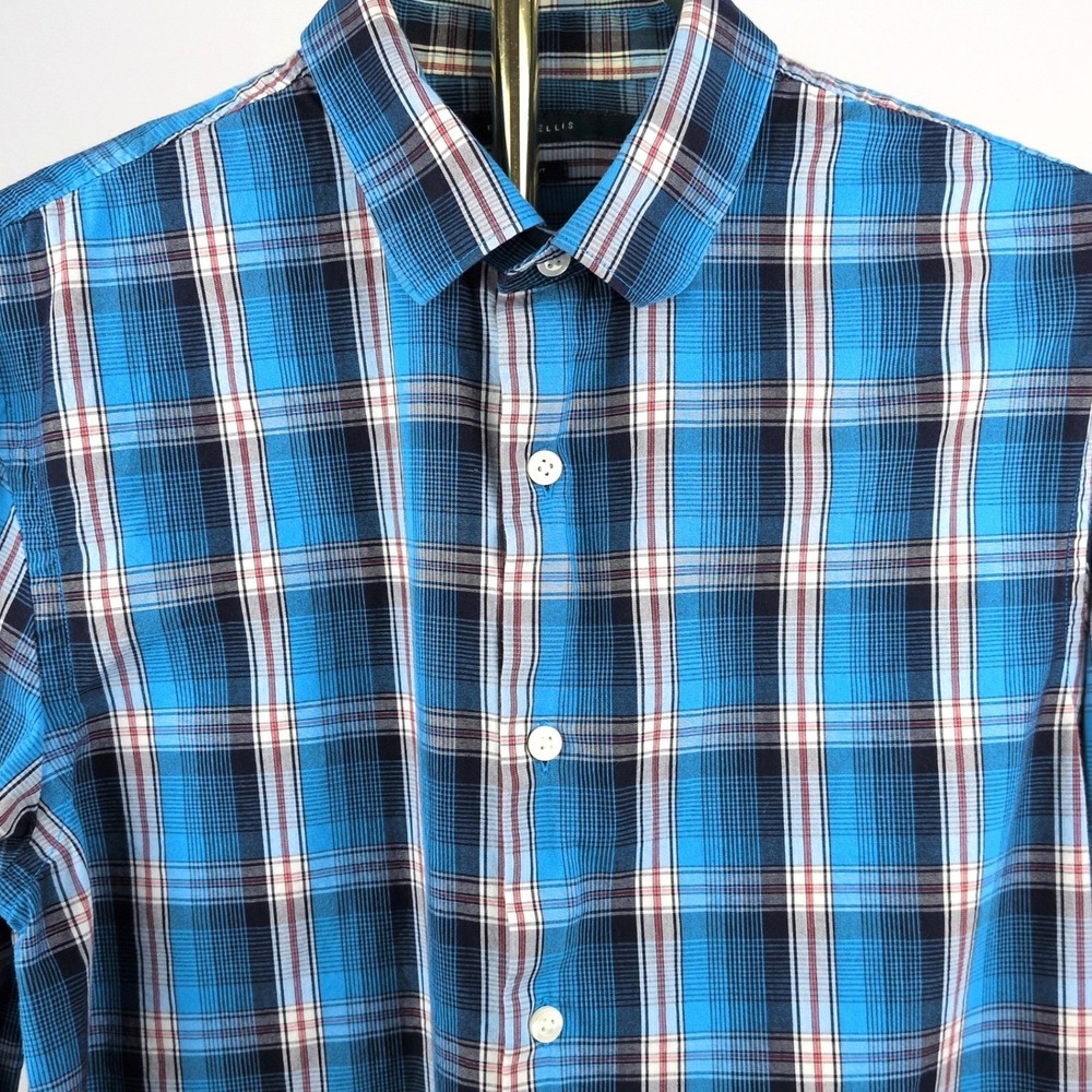 Perry Ellis Mens Medium Button Down Shirt Blue Plaid Slim Fit Long Sleeve Cotton